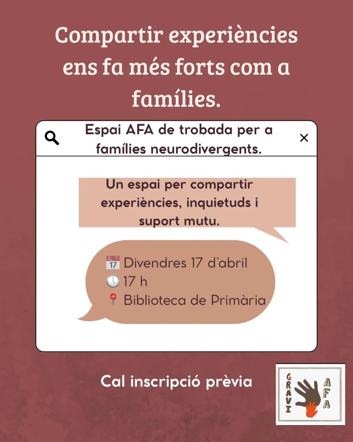🔁 Nova data! Espai AFA Famílies Neurodivergents

La trobada que vam haver de cancel·lar per la vaga… ja té nova data!
Un espai per compartir, escoltar-nos i sentir-nos acompanyats en el camí de la neurodiversitat. 💛
Parlarem del dia a dia, de les inquietuds que tenim com a famílies i de tot allò que ens ajuda a créixer plegats.

📅 Divendres 17 d’abril
🕔 17 h
📍 Biblioteca de Primària
👉 Inscripció al formulari

Si no vau venir a la primera trobada, aquesta és la vostra! Fem xarxa entre famílies 🌱

#AFAGravi