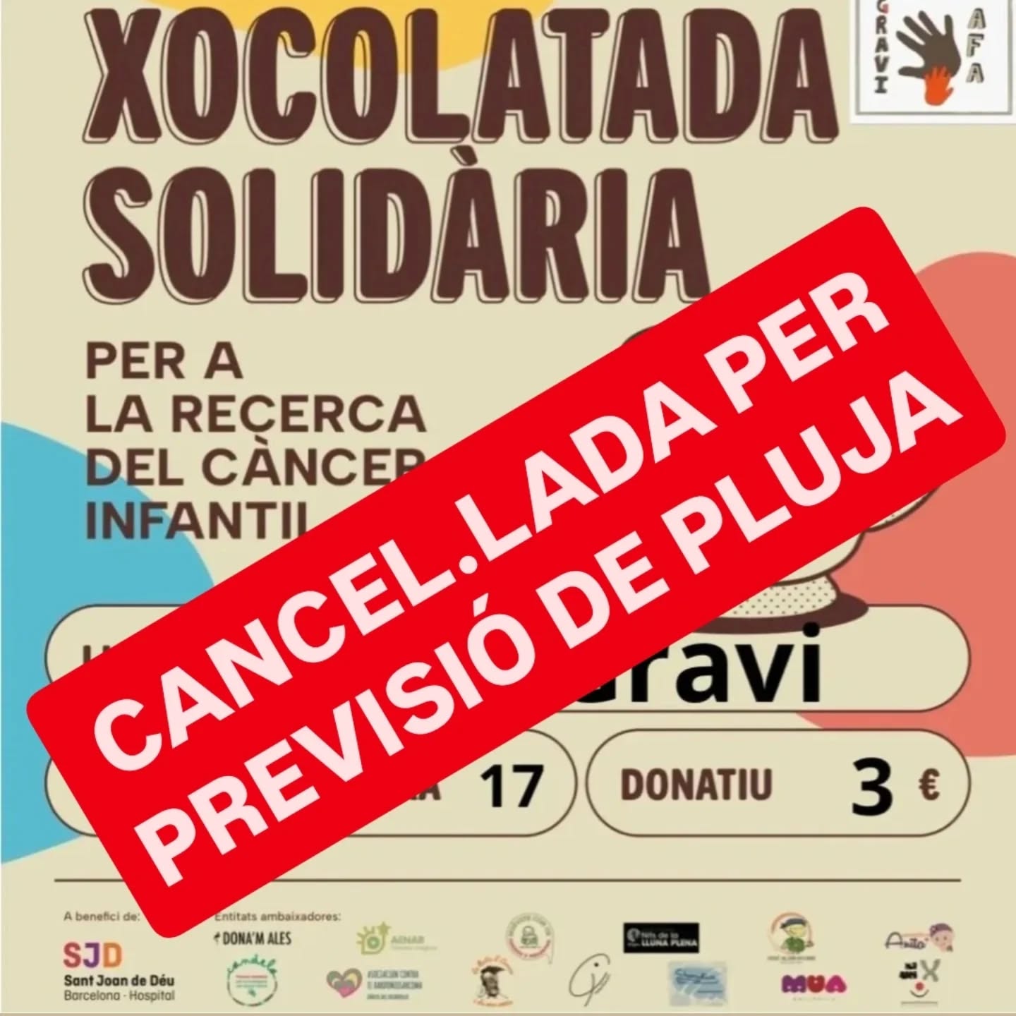 ⚠️ ATENCIÓ ⚠️
Degut a la previsió meteorològica pel proper divendres 6 de març, ens veiem obligats a cancel·lar la Xocolatada Solidària.
Ens sap molt greu 💔 però ben aviat us comunicarem la nova data.
Gràcies per la vostra comprensió! 💛