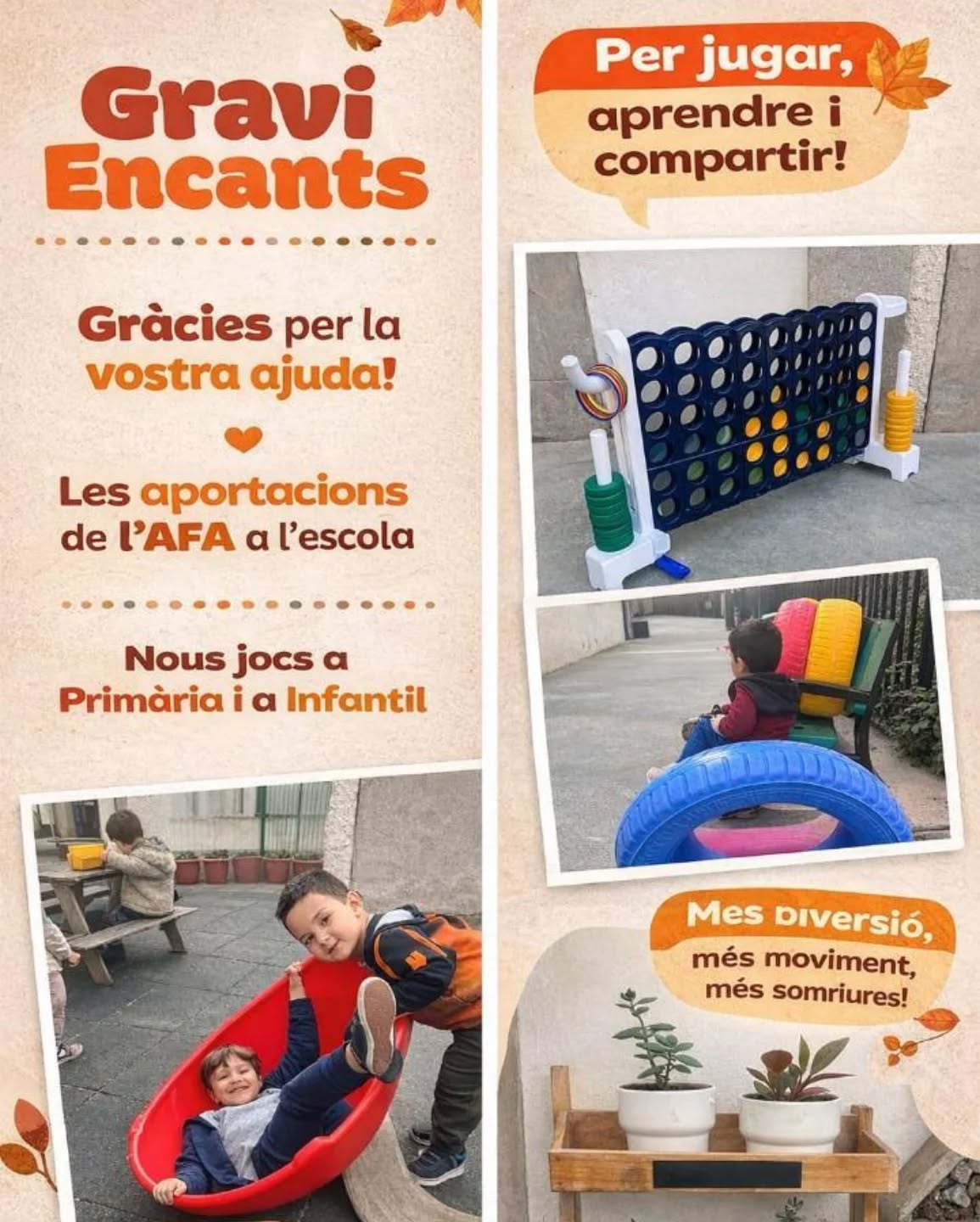✨ Gràcies per fer-ho possible! ✨

Des de l’AFA volem donar les gràcies a totes les famílies per la vostra implicació i participació en la iniciativa GraviEncants 💛

Gràcies a vosaltres, no només hem impulsat l’economia circular ♻️, sinó que també hem aconseguit sumar esforços per continuar millorant l’escola.

Amb les vostres aportacions, hem pogut incorporar nous equipaments i jocs per a l’alumnat d’Infantil i Primària, pensats per gaudir, compartir i créixer junts 🛝🌱

Això és escola, això és comunitat 🤝
I el millor… encara queda molt per venir! 🚀

#AFA #GraviEncants #Escola #Comunitat #EconomiaCircular JuntsFemEscola