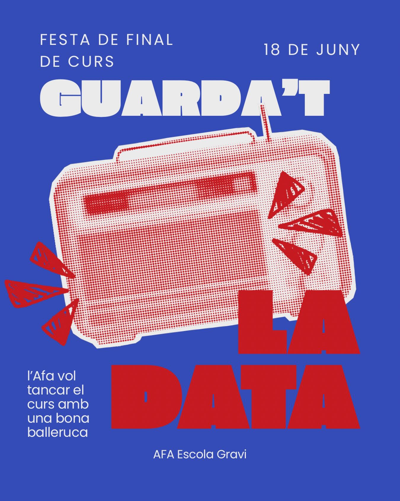 🎉 GUARDA’T LA DATA 🎉

La festa de final de curs ja té data… i promet molt! 🥳✨

Una tarda plena de música, rialles, premis i bon ambient per gaudir amb amics i família 💜🎵

Reserveu la data al calendari… us hi esperem!