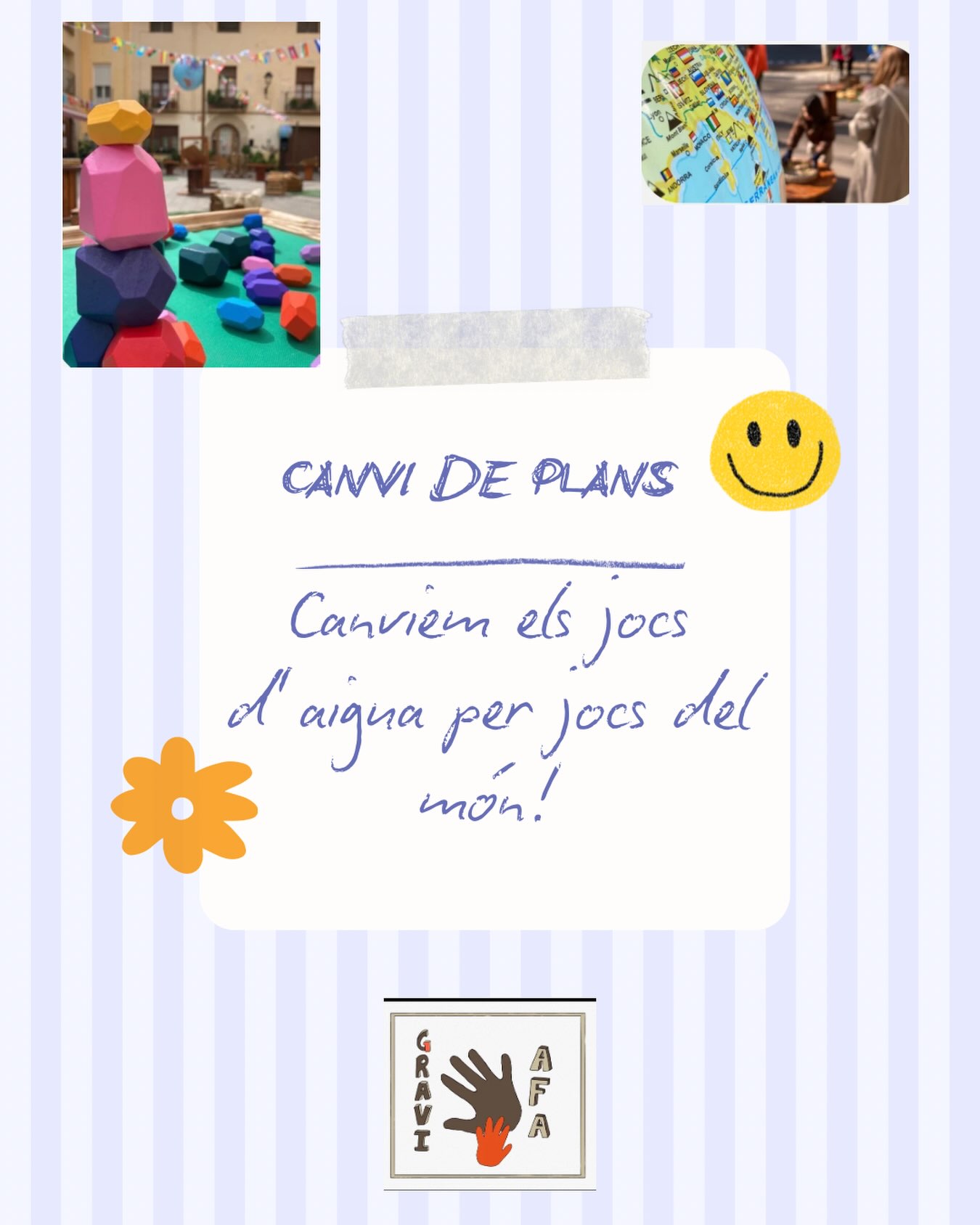 🌍✨ Canvi de plans! ✨🌍

Aquesta tarda deixem els jocs d’aigua per un altre dia i ens endinsem en una aventura ben especial: JOCS DEL MÓN! 🎲🌎

Descobrirem jocs d’arreu, riurem, jugarem i, sobretot, passarem una tarda genial sense passar fred! 😄💜

I tranquils… perquè hi ha coses que no canvien! 😋🍭 De berenar ens esperen uns polines!

💦➡️🌍 Canviem l’aigua per diversió!
Us hi esperem! 🥳✨
