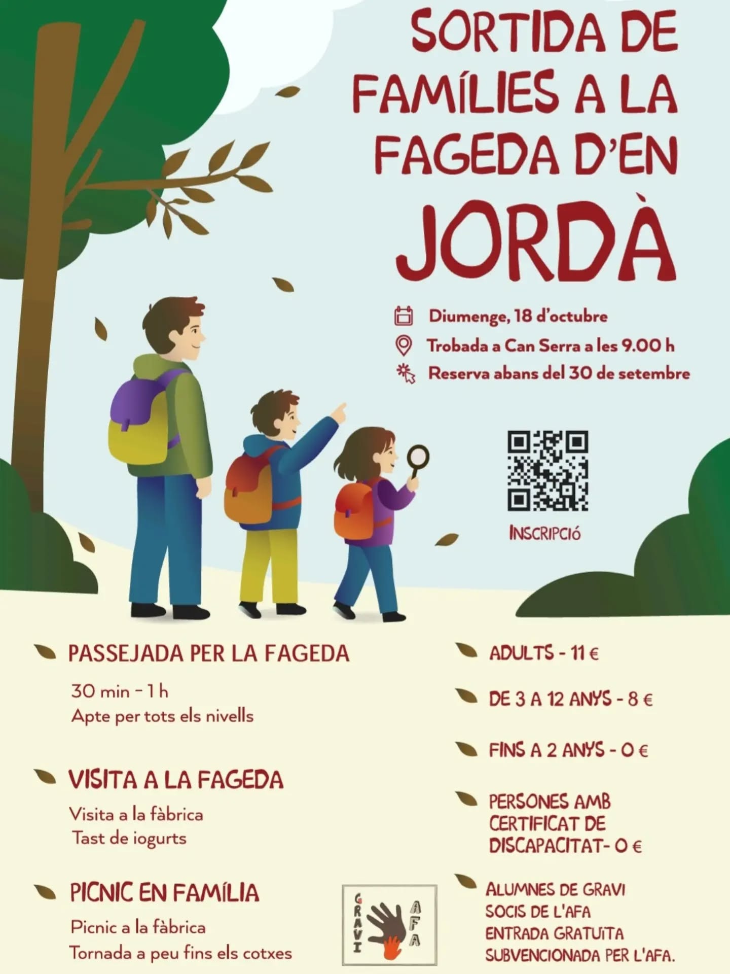 🍂💚 TORNEM A SORTIR JUNTS! 💚🍂

I quines ganes teníem de començar el curs així! 🥰
Després de l’estiu… estrenem any amb una excursió en família a la Fageda d’en Jordà! 🌳🍂

Aquesta sortida ens fa una il·lusió especial perquè l’any passat no la vam poder fer… però aquest any sí! 🙌✨

Ens espera un dia per gaudir, passejar, descobrir, tastar i, sobretot, compartir temps en família i retrobar-nos. Perquè l’AFA també és això: sortir de la rutina, conèixer-nos, fer pinya i construir comunitat entre tots 💚

🌳 Passejada per la Fageda d’en Jordà
🥛 Visita i tast a la fàbrica de iogurts
🧺 Picnic en família
🥰 I moltes ganes de passar-ho bé junts!

📅 Diumenge 18 d’octubre
🕘 9:00 h · Can Serra

💶 Preus:
👨‍👩‍👧 Adults: 11 €
🧒 Infants de 3 a 12 anys: 8 €
👶 Fins a 2 anys: gratuït
♿ Amb certificat de discapacitat: gratuït

🎓 Alumnes socis AFA (qualsevol edat): GRATUÏT 💚

📝 Inscripcions fins al 30 de setembre
👉 Link a la bio

I si encara no ets soci/a de l’AFA… 👀
Per només 25 €/família/any, ens ajudes a fer possibles aquesta i moltes altres activitats durant el curs.

Perquè quan ens impliquem, passen coses. I quan les fem junts, encara són més boniques. 💚

🍂 Vinga, família! Ens anem a la Fageda? 🌳🥛🧺