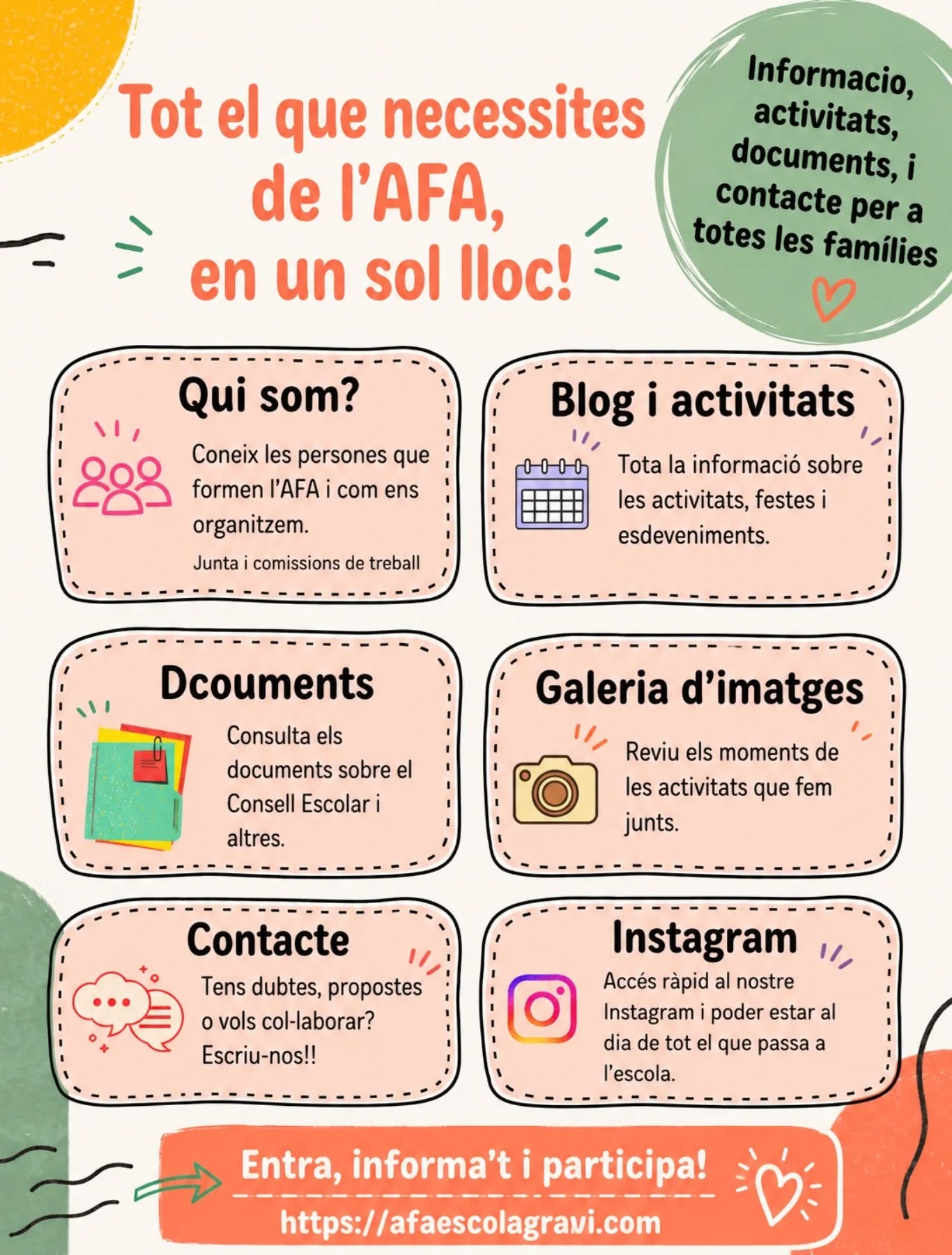 🌟 Ja coneixes la nova web de l’AFA?

Aquests ultims mesos hem estat actualitzant la pàgina web per a que totes les families pogueu estar informades 💛🏫

A la web hi trobaràs:
👥 Qui som i com ens organitzem
📰 Blog amb activitats i novetats
📄 Documents i informació important
📸 Galeria d’imatges
✉️ Contacte directe amb l’AFA
📱 Accés al nostre Instagram

👉 Entra, informa’t i participa!
🔗 https://afaescolagravi.com

Junts fem comunitat, junts fem escola ✨

#AFAgravi #Escolagravi #Famílies #ComunitatEducativa