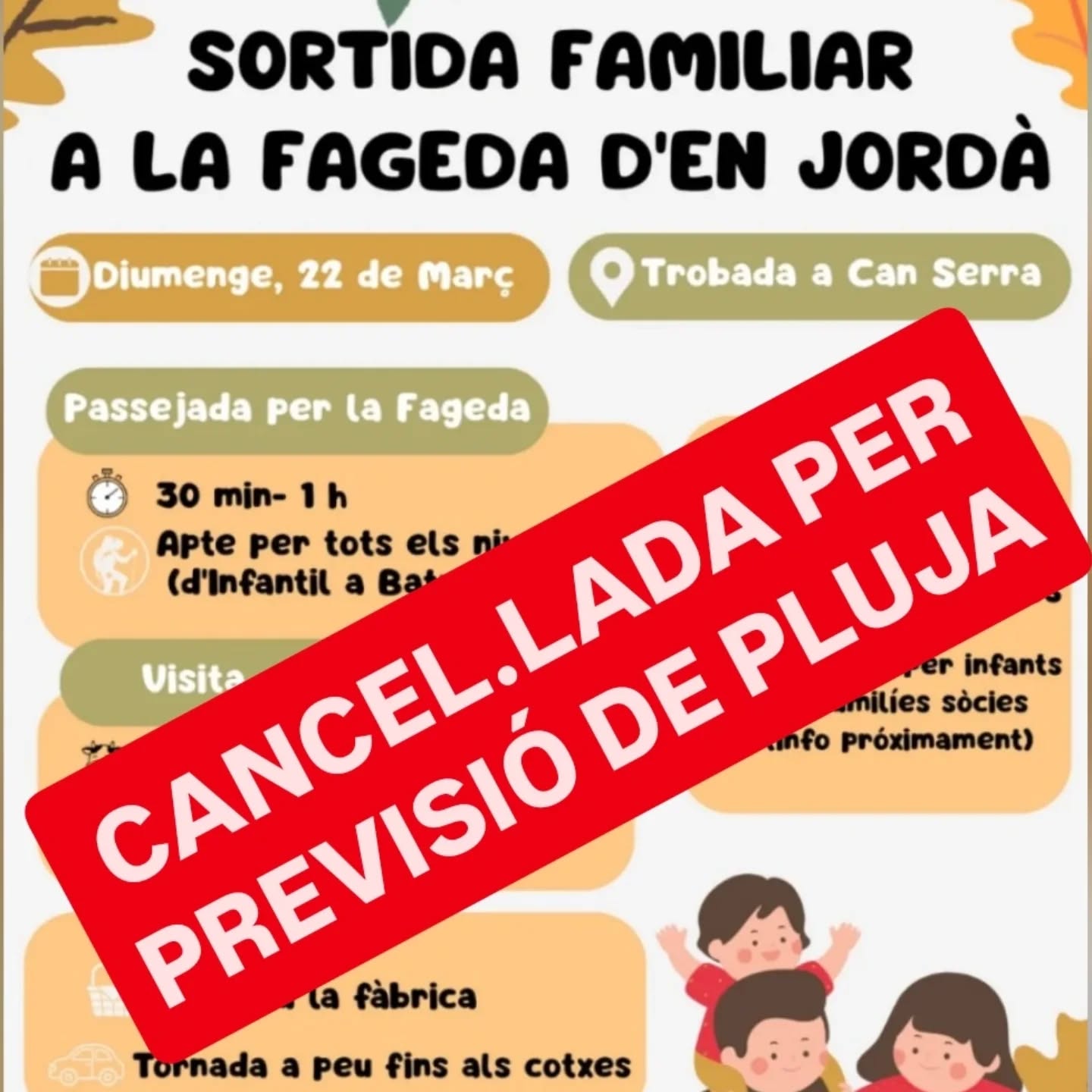 🌧️ Finalment, cancel·lem la sortida d’aquest diumenge

Davant la previsió de pluja, hem decidit anul·lar la sortida a peu i la visita a la fàbrica.

Ens sap greu, però creiem que és la decisió més prudent.

Si la podem reprogramar, us n’informarem ben aviat 💛

Comissió excursionista · AFA