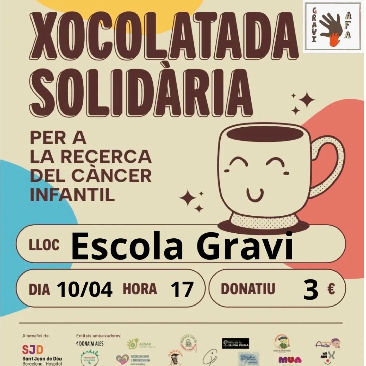 🍫✨ Reserveu la data! ✨🎲

El proper 10 d’abril us esperem a la nostra Xocolatada Solidària 💛
Una tarda per gaudir plegats, compartir bons moments i col·laborar amb una gran causa: tots els beneficis es destinaran a l’Hospital Sant Joan de Déu.

📅 10 d’abril
🕔 17.00 h
📍 Pista de primària de l’escola

🍫 Donatiu: 3 €
Inclou un got de xocolata i un tros de coca.

✨ A més, la tarda estarà amenitzada amb els jocs tradicionals de fusta de Ca la Padrina, una proposta ideal per a grans i petits per passar una estona divertida en família.

👉 Recordeu portar l’import en efectiu i el vostre propi got.

Us animem a participar en aquesta tarda tan especial, plena de solidaritat, diversió i somriures 🫶

#XocolatadaSolidària #SantJoanDeDéu #afagravi