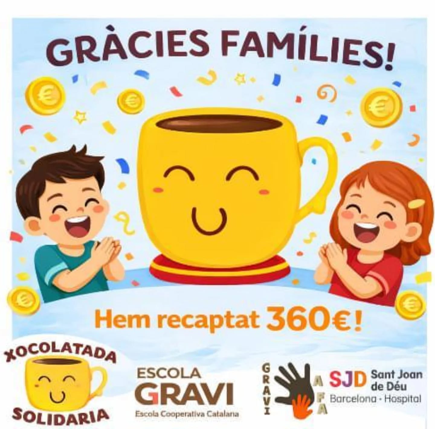 Gràcies, famílies! 💛

Amb la vostra participació a la Xocolatada Solidària hem aconseguit recaptar 360€, que es destinaran a la recerca de l’Hospital Sant Joan de Déu.

Un petit gest que suma molt, fet amb il·lusió, comunitat i ganes d’ajudar. 🙌
Gràcies per ser-hi sempre i fer escola junts!

#XocolatadaSolidària #Comunitat #EscolaGravi