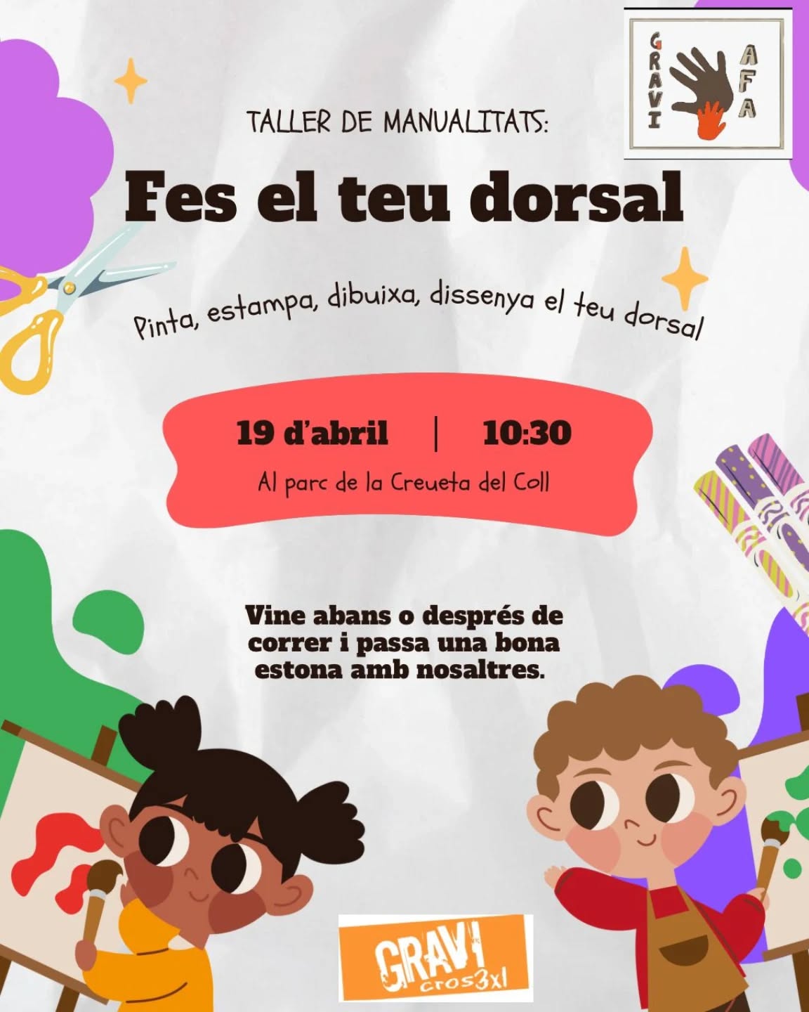 🎨✨ Aquest diumenge, durant la GraviCross, l’AFA ha organitzat un taller molt especial per a petits i grans: “Fes el teu dorsal”!

Un espai per pintar, estampar, dibuixar i dissenyar el teu dorsal abans o després de la cursa 🏃‍♀️🎨

Us animem a venir a passar una bona estona plegats, compartir el matí en família, conèixer-nos una mica més i continuar fent comunitat entre totes i tots 💛

🌿 Una bonica oportunitat per gaudir del parc, de l’activitat i de l’ambient de la GraviCross, mentre fem escola i barri junts.

📍 Us hi esperem per passar un matí ben especial!

#GraviCross #AFAGravi #FemComunitat #TallersFamiliars #FesElTeuDorsal