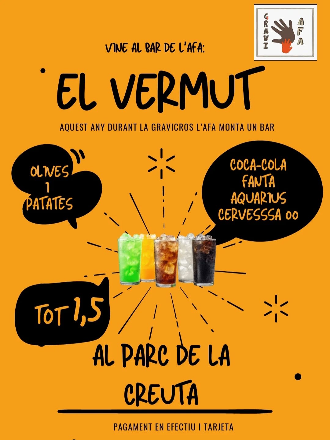 🍹✨ Aquest diumenge, durant la GraviCross, l’AFA muntarà una barra de bar al parc!

Hi trobareu:
🥤 Coca-Cola
🥤 Fanta
🥤 Aquarius
🍺 Cervesa 0,0
🫒 Olives i patates

💰 Tot a 1,5 €
💳 Pagament en efectiu i targeta

Us animem a passar a fer el vermut, compartir una estona plegades i plegats i continuar fent comunitat 💛

Fes un vermut amb nosaltres i ajuda’ns a seguir creant moments per compartir 🌿✨

📍 Us hi esperem al parc de la Creueta!

#GraviCross #AFA #FemComunitat #ElVermut #Famílies ActivitatsPerAlsInfants FemEscola
