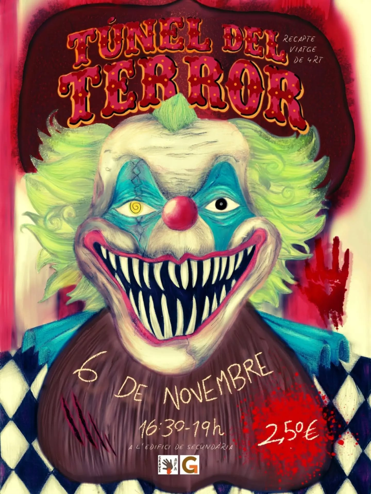 🎪🤡 EL CIRC DE LA GRAVI 🤡🎪
Túnel del Terror de Halloween

Els alumnes de 4t d’ESO, amb el suport de l’AFA, transformen els soterranis de Secundària en un circ com mai l’havíeu vist... 👻 Llums apagades, música de fira distorsionada i criatures misterioses que surten a jugar!

📅 Divendres 6 de novembre
🕓 De 16:30 a 19:00
📍 Edifici de Secundària (accés pel carrer Jericó)
🎟️ 2,50 € (per al viatge de 4t d’ESO)

Misteri, rialles, ensurts i moltes sorpreses, adaptat a totes les edats! 🎈

Us atreviu a creuar la carpa? Us hi esperem... si teniu el valor d’entrar! 😱

#Halloween #TúnelDelTerror #ElCircDeLaGravi #AFAGravi #4tESO