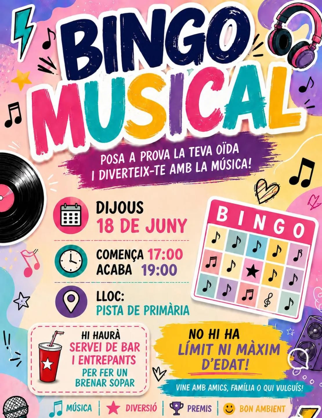 📣🎶 PREPARATS PER POSAR A PROVA LA VOSTRA OÏDA? 🎶📣

Aquest dijous 18 de juny us esperem al nostre Bingo Musical, una tarda plena de música, diversió, premis i molt bon ambient! 🎤🎵

🕔 De 17.00 h a 19.00 h
📍 Pista de Primària

🍔🥤 A més, hi haurà servei de bar i entrepans per fer un bon berenar-sopar mentre gaudim de la festa.

👨‍👩‍👧‍👦 Tothom es benvingut!

No t'ho pensis més i vine a passar una tarda diferent amb nosaltres. T'hi esperem! 🎉🎼

#BingoMusical #AFAgravi
